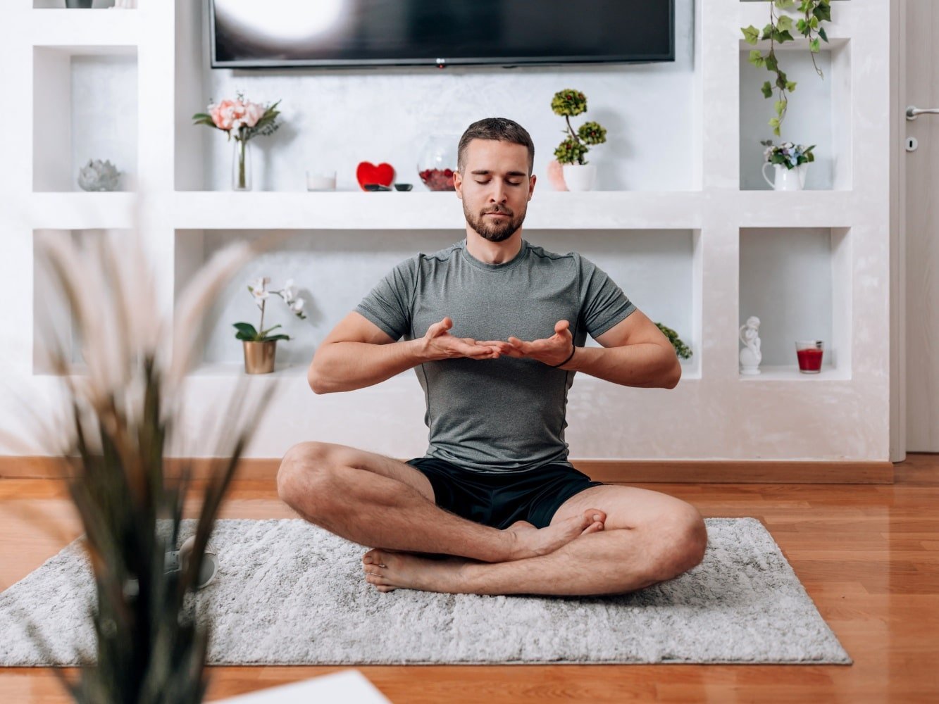 man doing breathing exercises for stress
