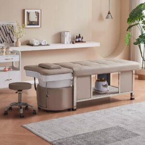 Japanse Headspa behandelbed in beige met geïntegreerde wasbak, schuin aanzicht
