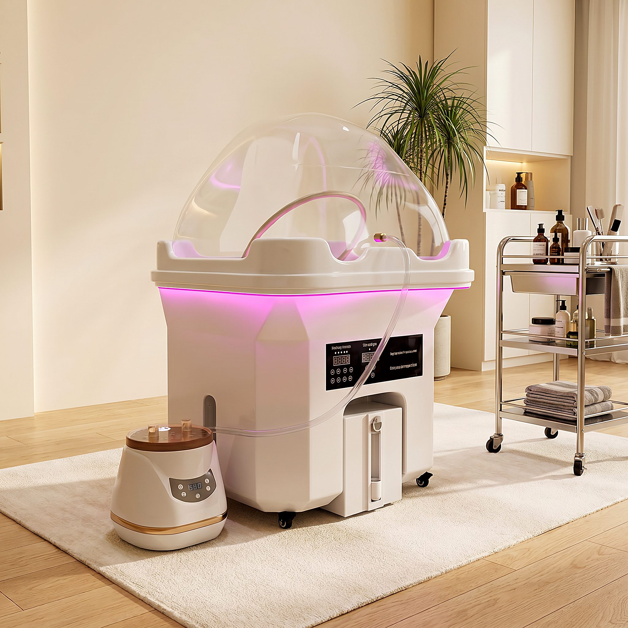 Mobiele Headspa Pro unit met transparante koepel en roze ledverlichting in een spa-ruimte