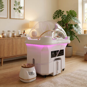 Mobiele Headspa Pro unit met roze ledverlichting in een ingerichte behandelruimte