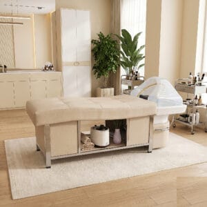 Japanse Headspa Pro behandelbed in beige in een warm ingerichte spa-ruimte, vooraanzicht