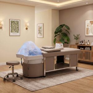 Japanse Headspa behandelbed in beige in een sfeervolle spa-ruimte met plant