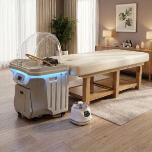 Mobiele Headspa Deluxe met behandelbed in een sfeervolle spa-ruimte, schuin vooraanzicht
