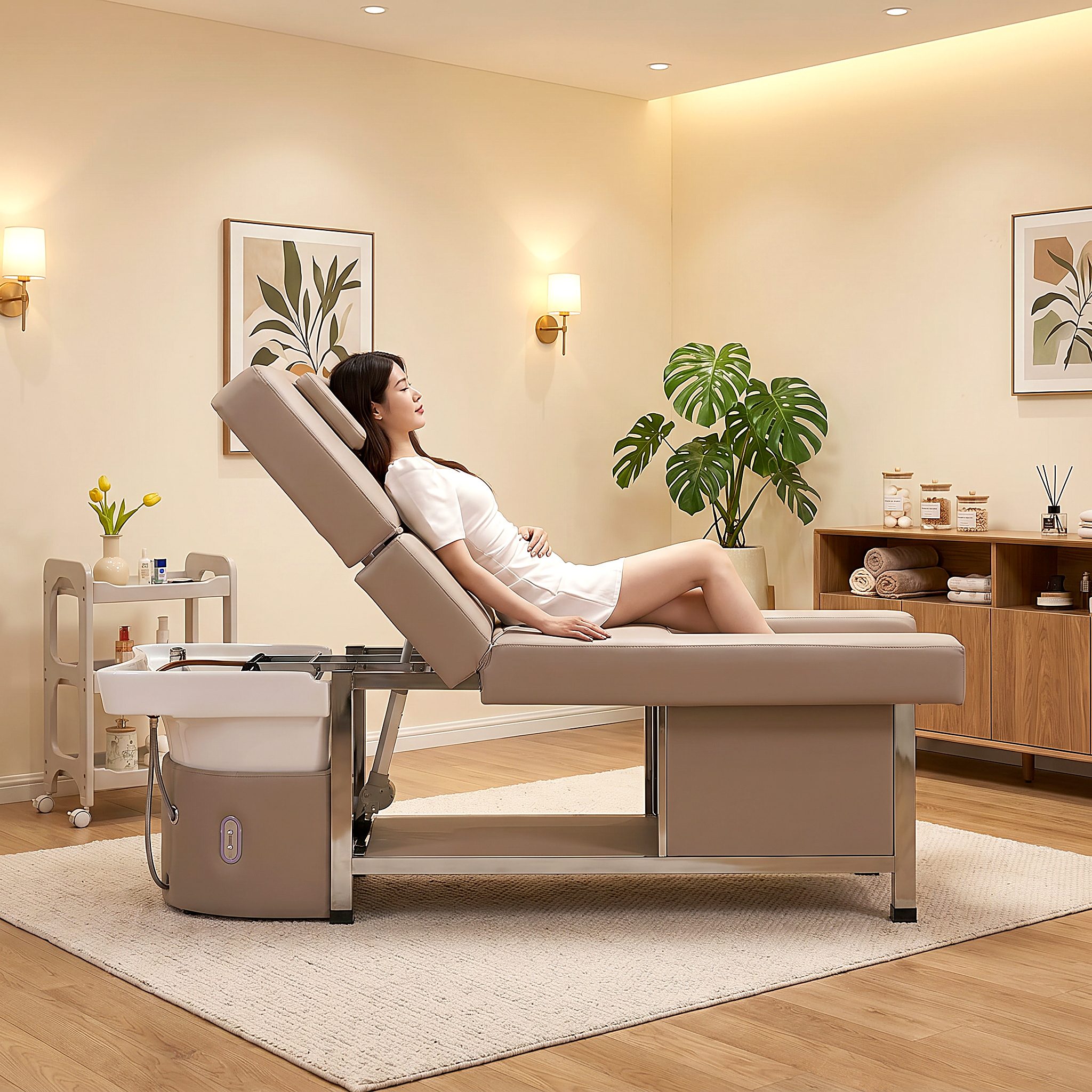 Headspa met Voetbad, een beige elektrisch verstelbaar behandelbed in een spa-ruimte